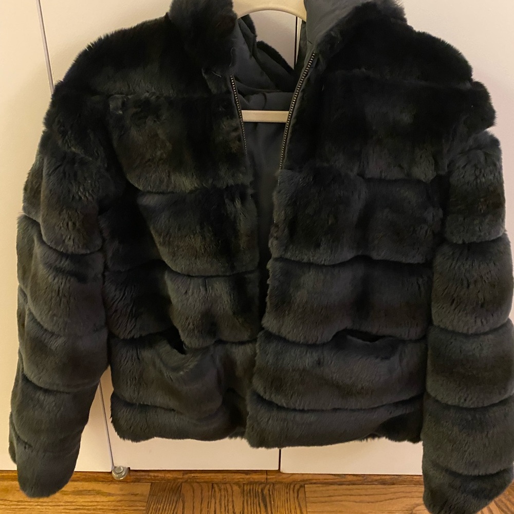 Reversible Navy Blue Rabbit Fur Hooded Jacket - Picture 4 of 6